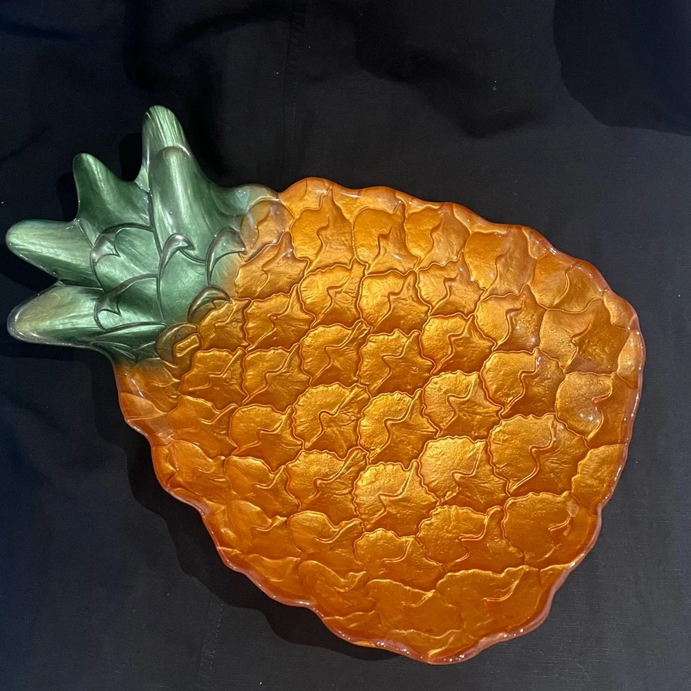 Pineapple Iridescent Art Turkish Glass Display Serving Dish 13” x 9” New